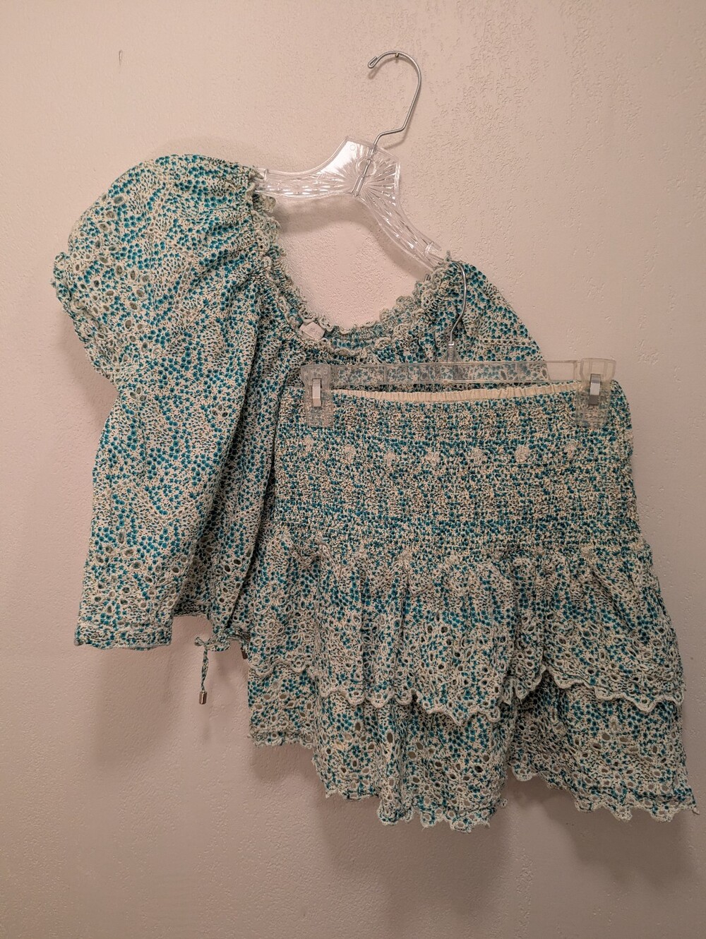 Jennifer & Grace 2-Piece Skirt Set, Floral Eyelet, Green & Blue (SIZE SMALL)